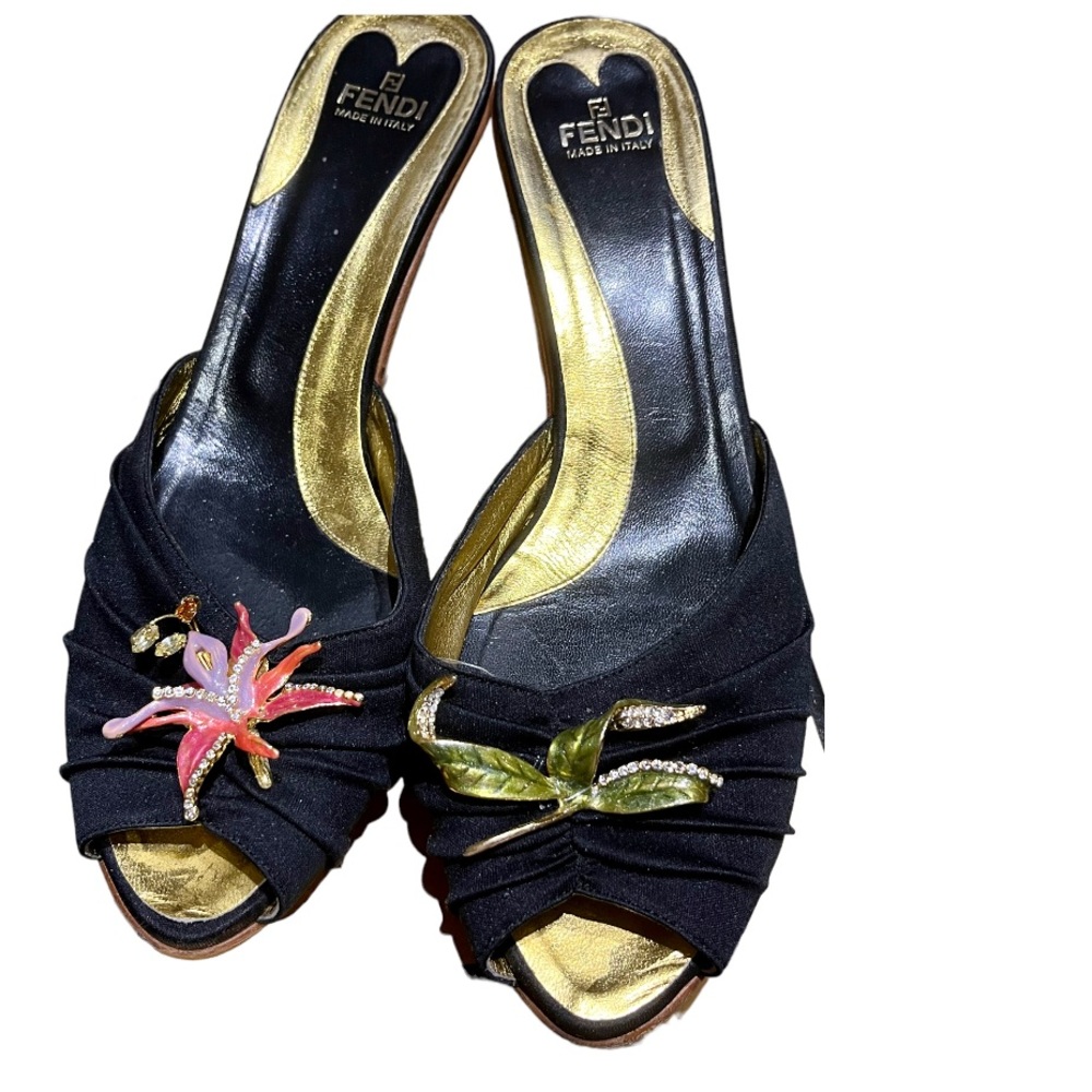 RARE Fendi Black Satin slide shoes with enamel and crystal flowers. Size 10